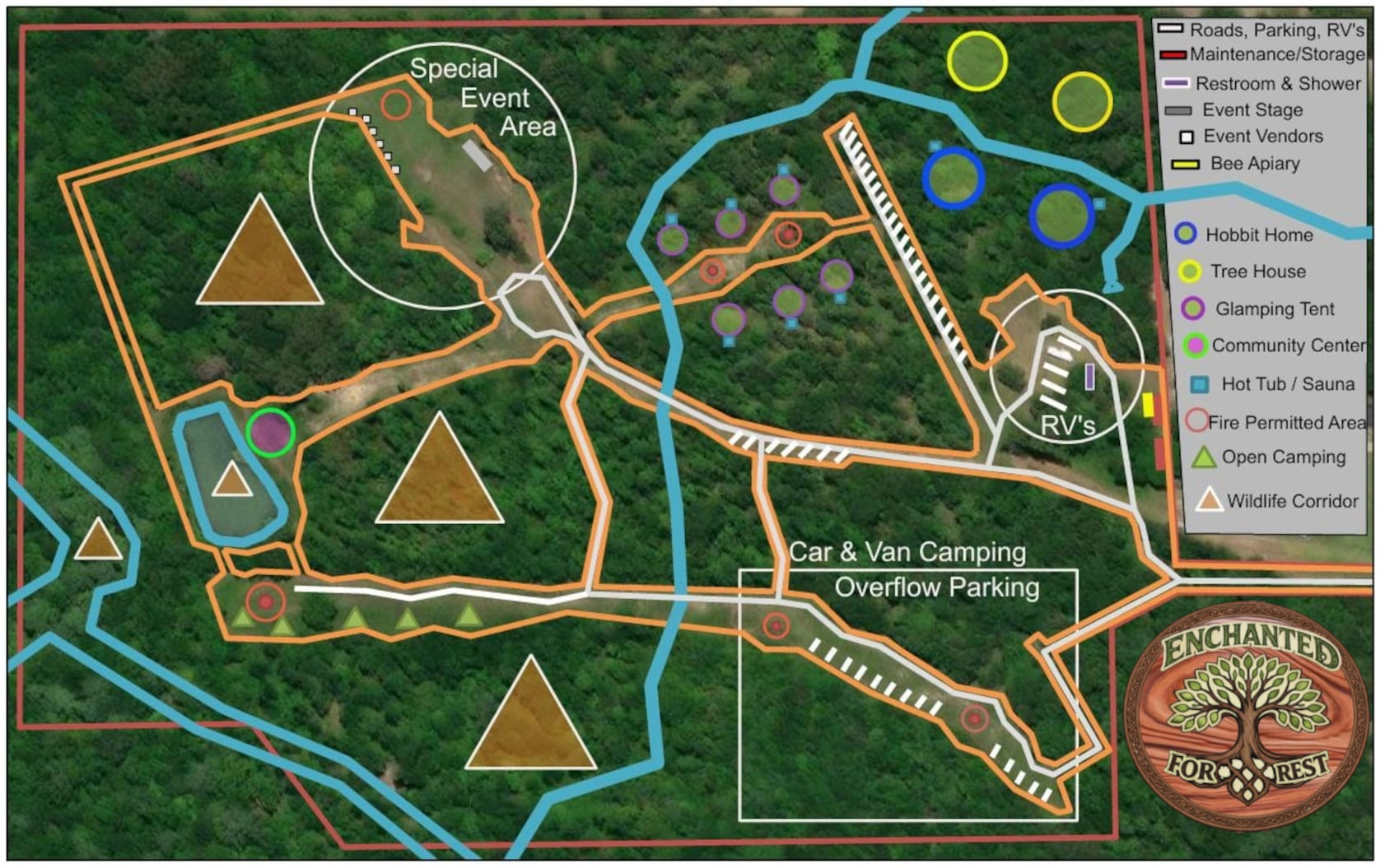 Enchanted For Rest long-term site map showing camping, glamping, roads, event areas, RV areas, tree houses, hobbit homes, wildlife corridors, and amenities